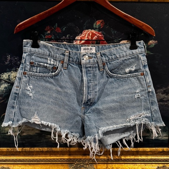 Agolde Light Wash Distressed Ripped High Waist Denim Shorts Size 26 Used - Picture 1 of 7
